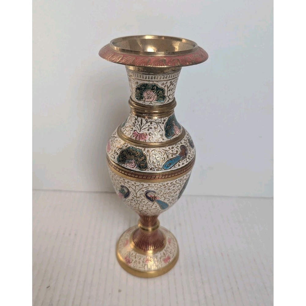 Decorative Vase Peacock  Brass Enamel Decor India 8.5''